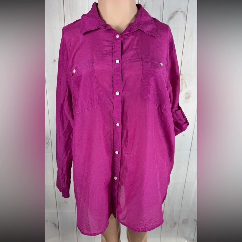 Lauren Ralph Lauren Purple Silk Cuffed 3/4 Sleeve Button Up Shirt - Size 3X